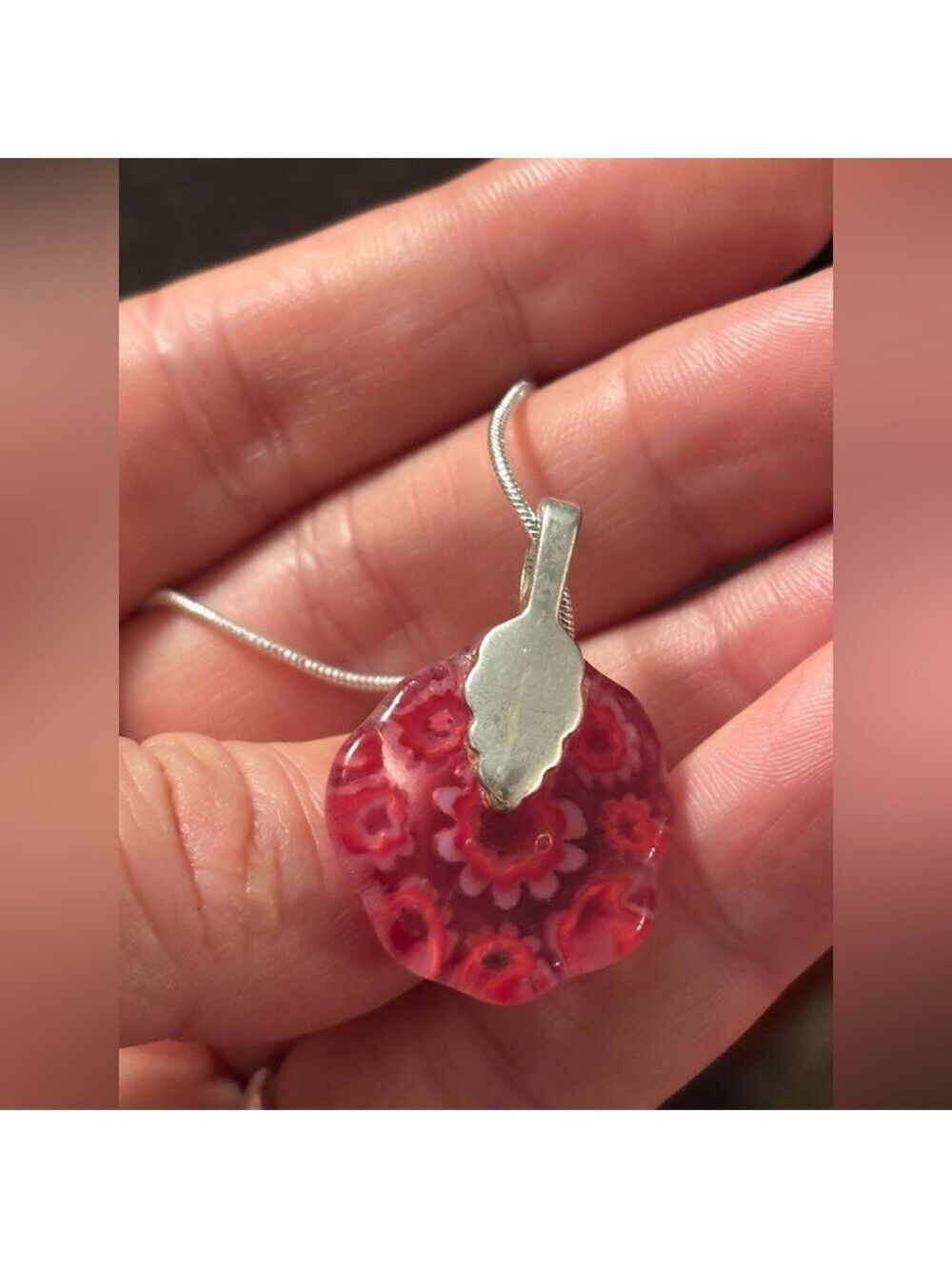 🌸Vintage Magenta Pink Millefiori Blown Glass Pendant Necklace • Floral Statement - Picture 13 of 17